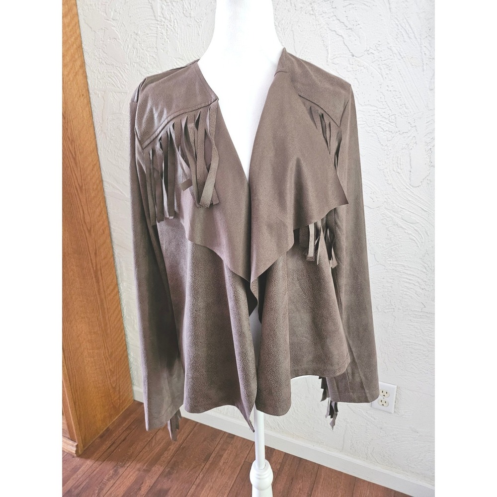 California MoonRise Fringe Cardigan Jacket Womens XL Tan Faux Suede CLA8900